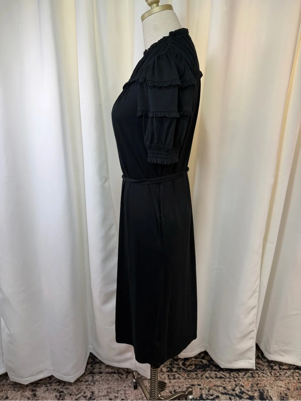 NWT Boden Black Ruffled Neck Puff Sleeve Jersey Midi Dress w/ Tie Waist Size 4P